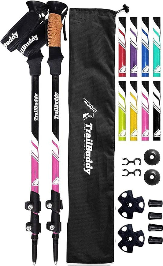 TrailBuddy Trekking Poles - Adjustable Hiking Poles for Snowshoe & Backpacking Gear - Set of 2 Collapsible Walking Sticks, Aluminum with Cork Grip (Purple)