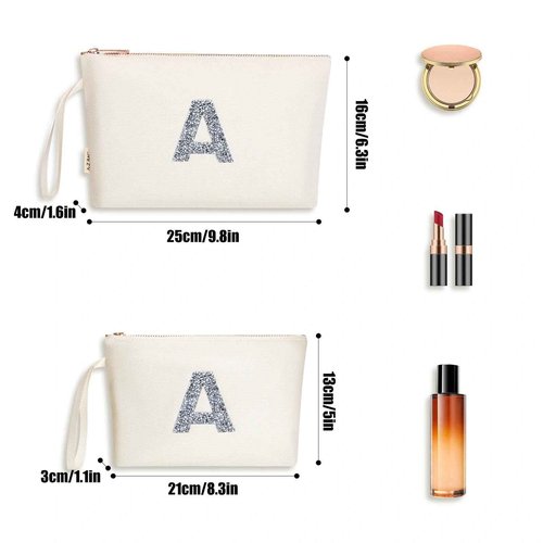 A-Z BAG 2pcs Personalised Makeup Bag Set, Canvas Cosmetic Bag with Rhinestone Initial, Birthday Gifts for Women (A, Beige)