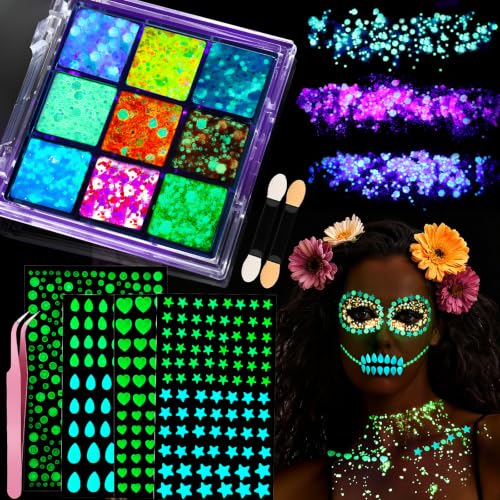 YGDZ Glow in The Dark Body Glitter Gel & Mermaid Face Gems Kit – UV Party Rave Makeup