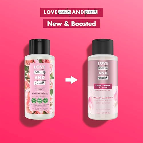 Love Beauty and Planet Vegan Collagen Moisture Shampoo Murumuru Butter & Rose Pack of 4 for Color-Treated Hair Vibrancy, 13.5 oz