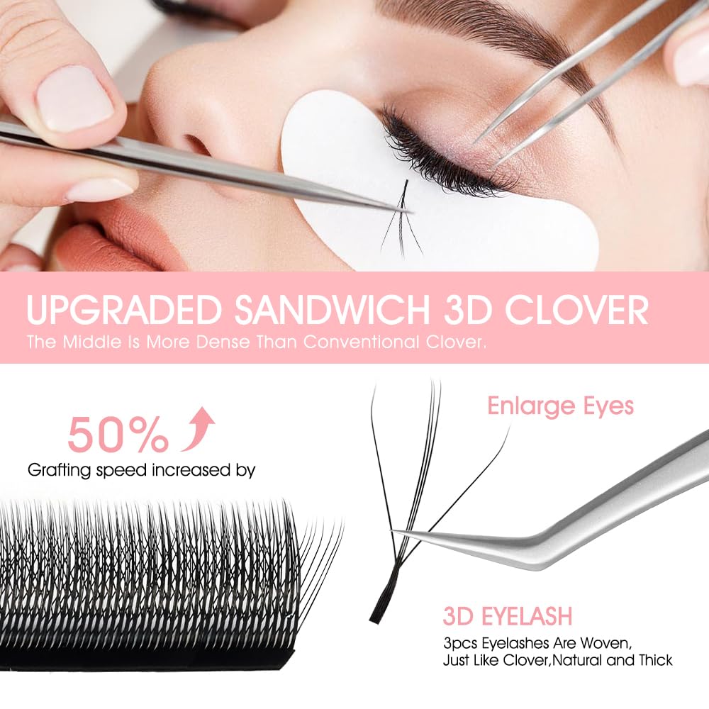 NATUHANA Sandwich Clover W Shape Eyelashes Extension Dual-Core 3D Premade Fans 0.07mm C Curl 9-15mm Mixed Tray Lash Extensions Blooming Flower Eyelash 12 Rows/Case (S3D black;0.07 C, 9-15 MIX)