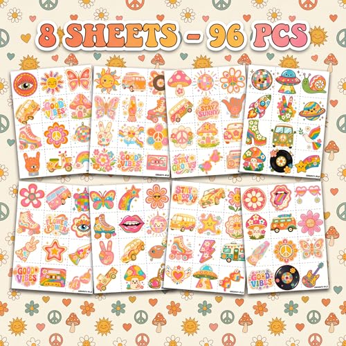 96 Pcs Groovy 70s Temporary Tattoos | Pre-Cut Kids Party Favors