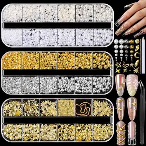 FANDAMEI Gold Nail Gems, 3D Star Nail Charms, Flatback Pearls White Beige, Half Round Silver and Gold Nail Charms, Mixed Sizes Pearls for Nails, Metal Nail Beads, 3D Metallic Nails Art Studs
