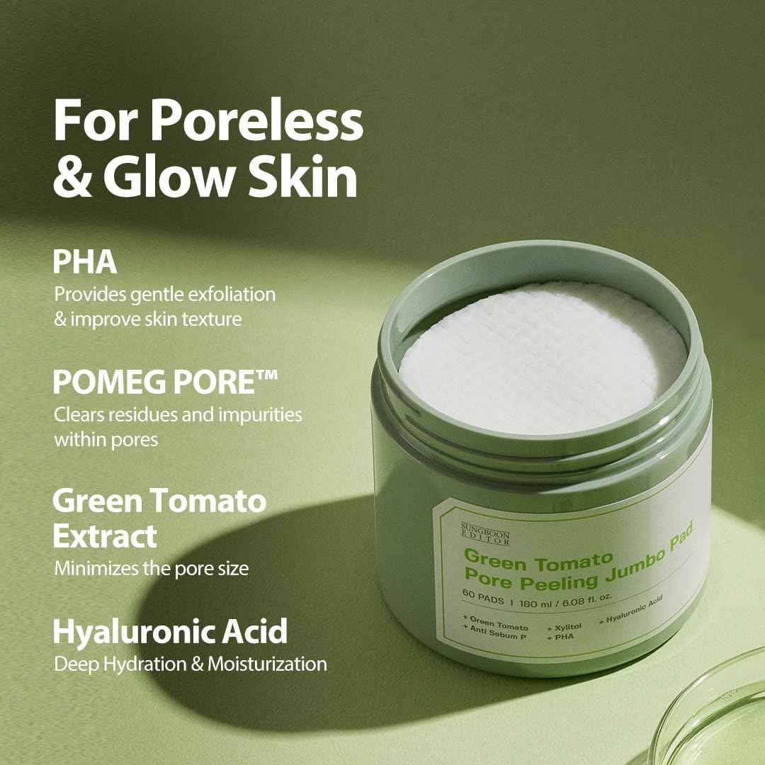 SUNGBOON EDITOR Green Tomato Pore Peeling Pad 60 Sheets | Exfoliating PHA Toner Pads with Green Tomato & Hyaluronic Acid | Pore Minimizer for Face | Korean Skincare