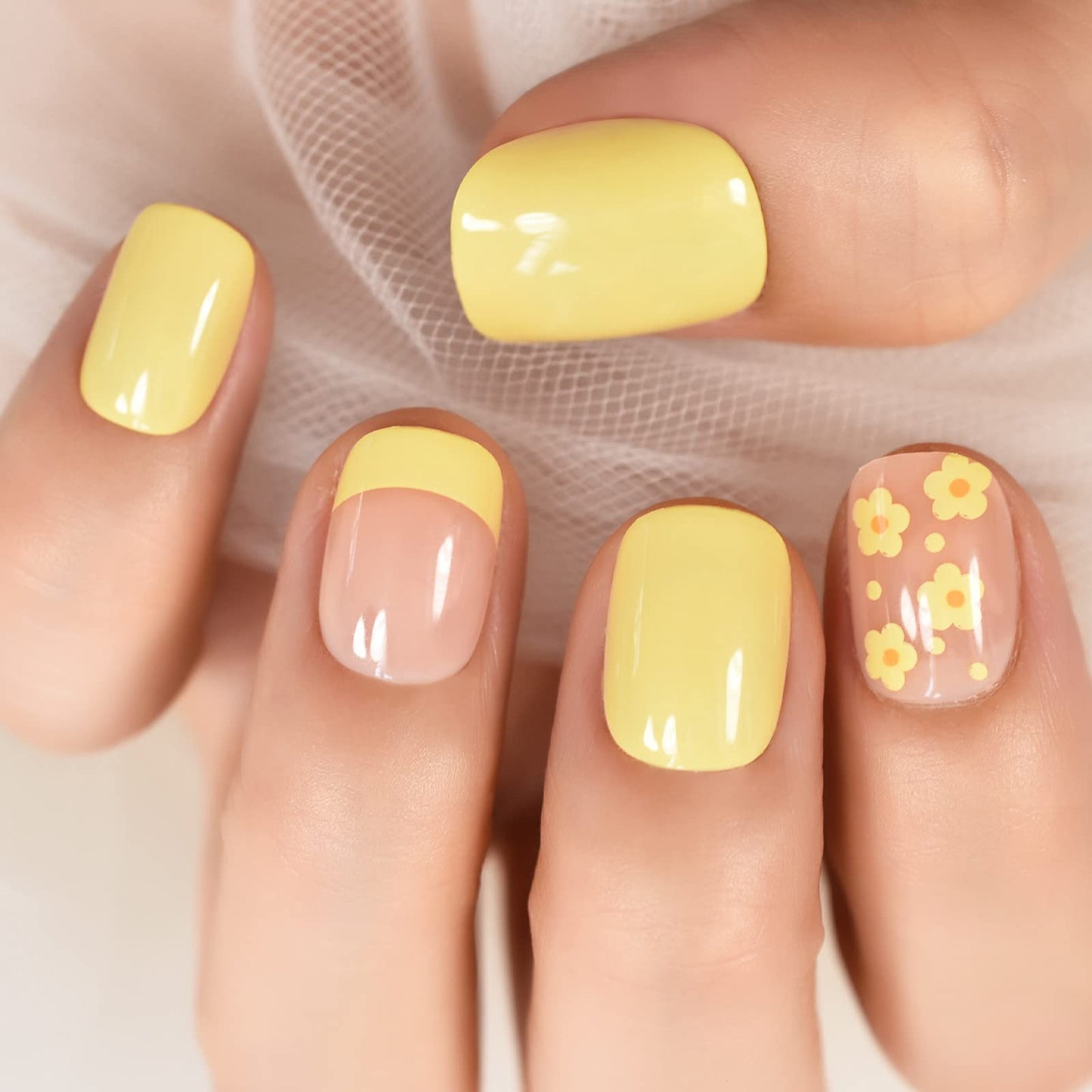 ELEVENAIL Light Yellow Flower French Press on False Nails Short Squoval Salon DIY Manicure Reusable Fake Acrylic Nail Art Tips Gifts for Daily Office Party Home