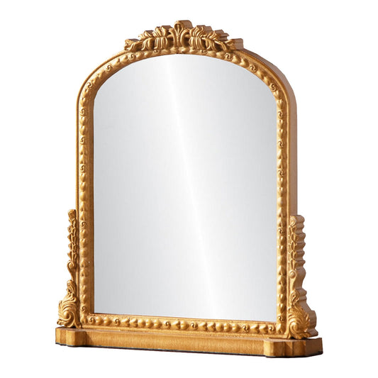 HuiDao Vintage Desk Makeup Mirror, Vanity Mirror with Stand Antique Decorative, Wood Retro Desktop Dressing Mirror, Table Top Mirror for Countertop, Bedroom,Bathroom, Living Room, Gold