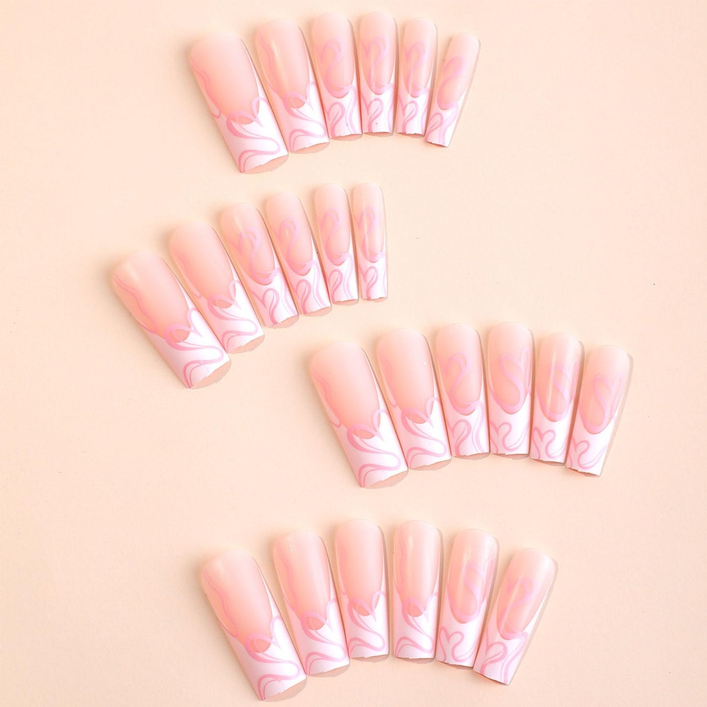 White French Tip Press on Nails Long Square Fake Nails Pink Swirls Glue on Nails Translucent Acrylic Nails Spring & Cute Nails Matte & Simple Artificial Nails for Women 24Pcs