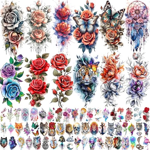 SHELYEXIEN 69 Sheets Watercolor Rose Temporary Tattoos for Adults