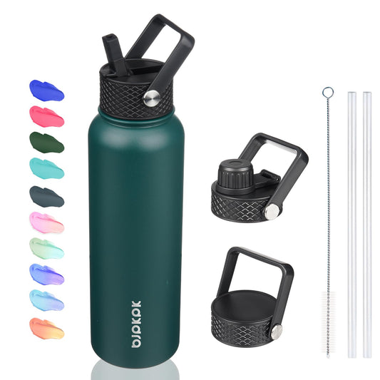 BJPKPK Insulated Water Bottles with Straw Lid, 40oz Stainless Steel Water Bottles with 3 Lids, Large Metal Water Bottle, BPA Free Leakproof Thermos Water Bottle for Sports & Gym- Army Green