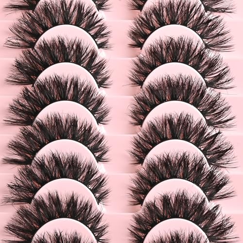 FARRED False Lashes Wispy Natural Strip Eyelashes 14mm Cat Eye Mink Lash Strips Full Volume Fake Cateye Eyelash Pack Natural Look 10 Pairs Short Thick Fluffy Pesta?as Postizas for Women
