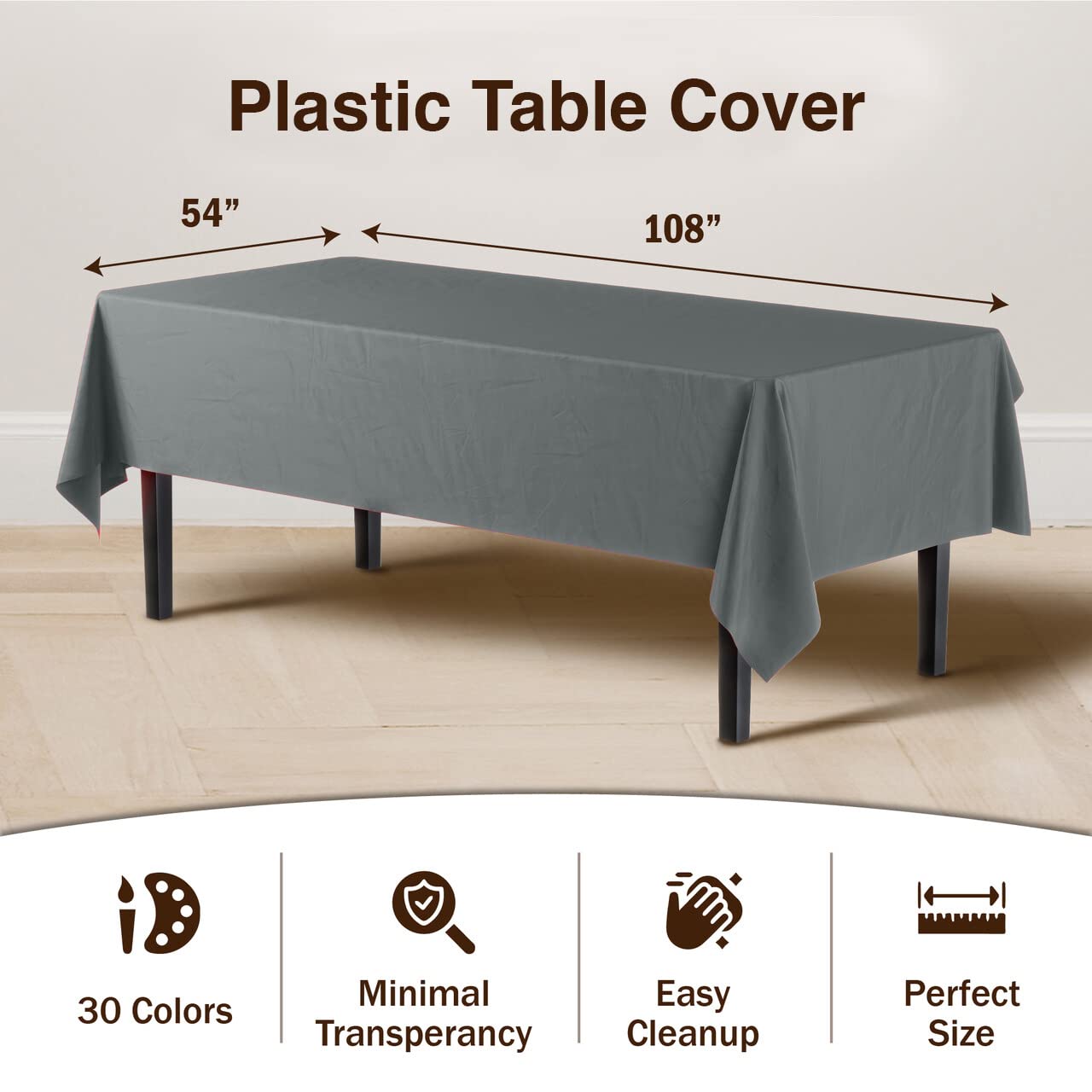 Exquisite 6-Pack Premium Plastic Tablecloth 54in. x 108in. Rectangle Plastic Table Cover - Silver