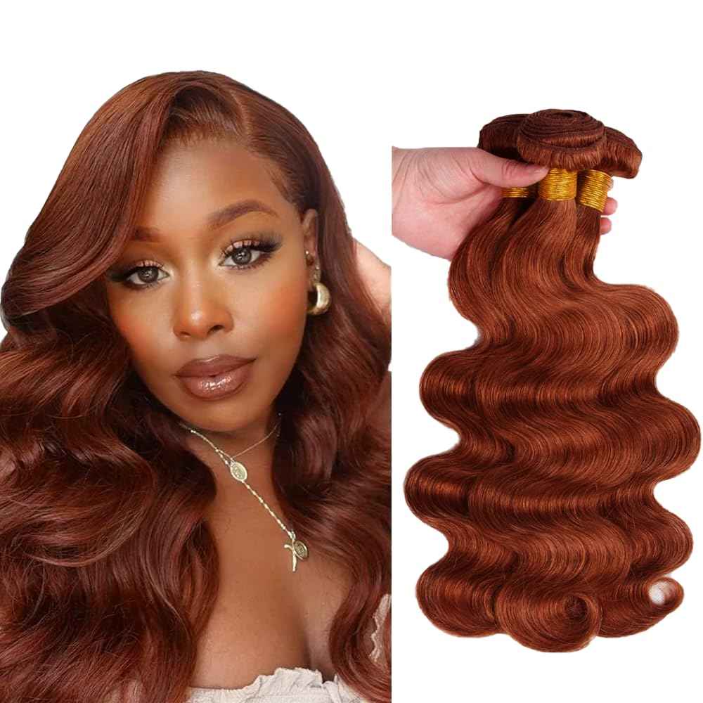 Color 33 Bundles Human Hair Auburn Body Wave Bundle Huxowax Virgin Soft And Silky Remy Hair 3 Bundles 16 18 20 Inch Double Weft Reddish Brown Body Wave Bundle Hair Weave 150g