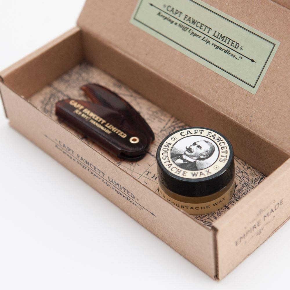 Captain Fawcett's Moustache Wax (Sandalwood Scent) & Folding Pocket Moustache Comb (CF.87T) Gift Set - Made in England