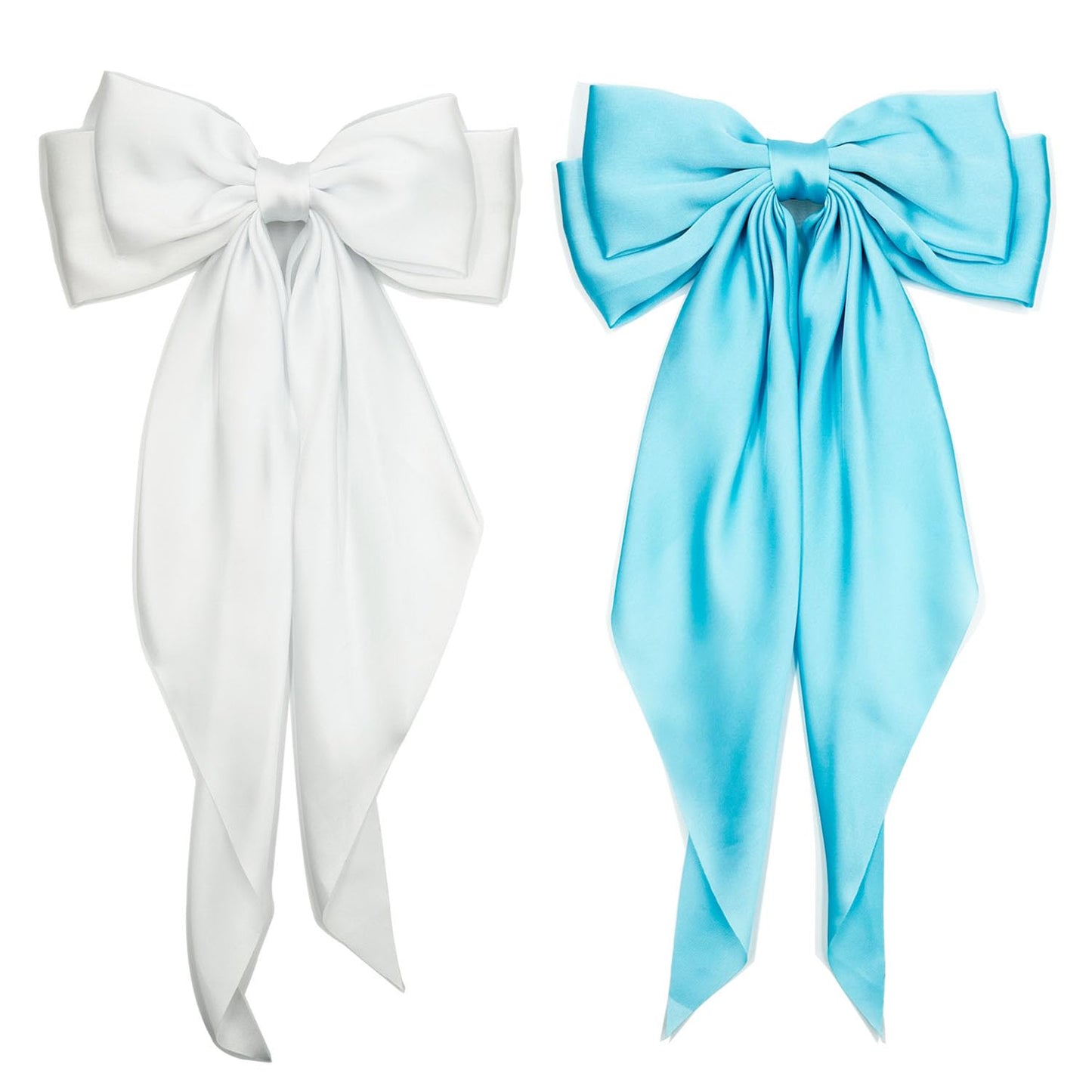 Satin Hair Barrettes Clip for Women Large Bow Hair Slides Metal Clips French Barrette Bowknot with Long Tail Silk Hair Bow Hairpin 90's Hair Accessories (Azure+White)