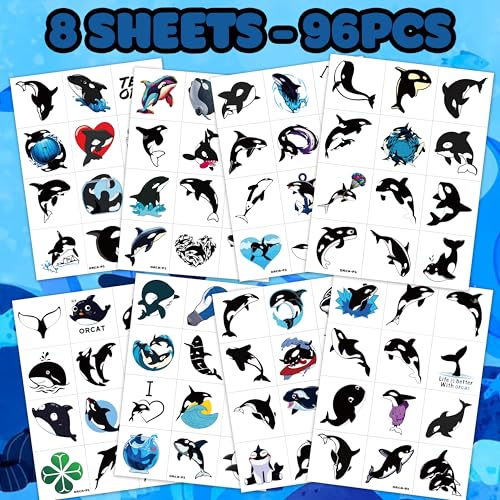96 PCS Orca Pre-Cut Whale Birthday Party Decorations Favors Supplies Sea Ocean Killer Whale Temporary Tattoos Stickers for Girls Boys Cute Gifts School Prizes Rewards