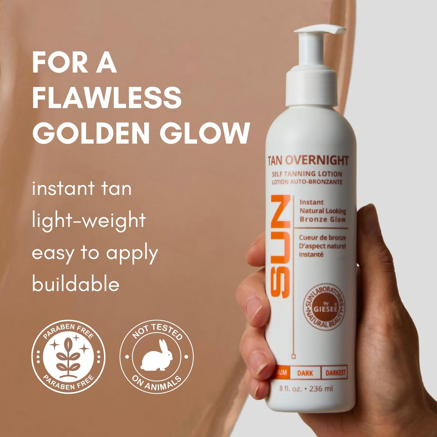 Sun Laboratories By Giesee Tan Overnight Sunless Tanning Lotion 8 oz - Self Tanner, Self Tanning Lotion, Face Tanner - Natural, Long Lasting, Instant Dark Bronzer, Gradual Tan for Sun-Kissed Glow