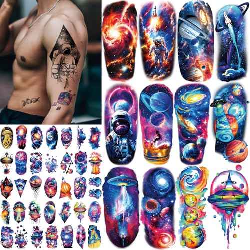 77 Sheets Temporary Tattoos, 17 Sheets Space Planet Astronaut Rockets Half Arm Fake Tattoo for Adults Men Women, 60 Sheets Small Waterproof Lasting Stickers Tattoo for Boys Girls Kids Party