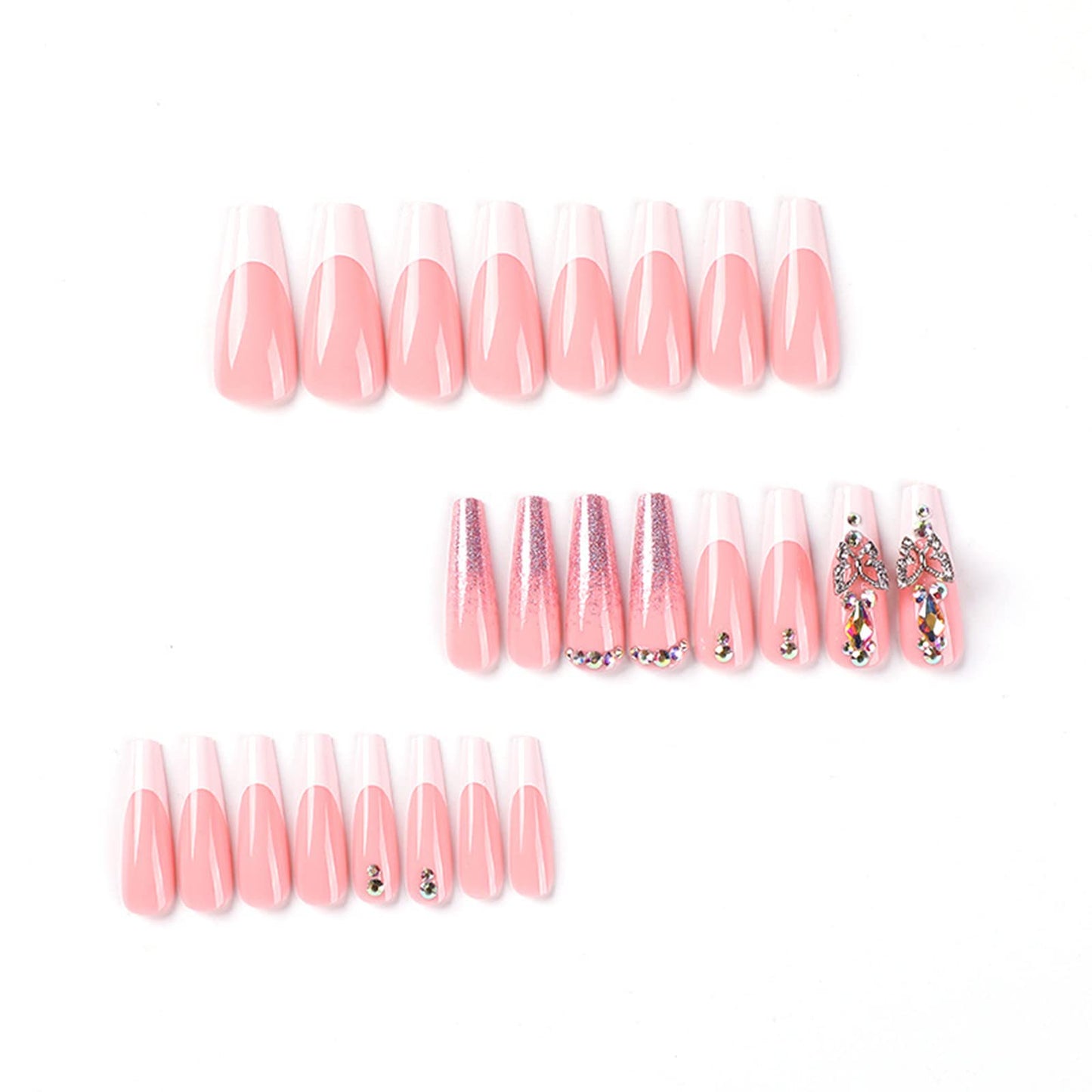 Luxury Long Press on Nails Coffin Pink Fake Nails Acrylic False Nails with Butterfly Rhinestones Design French Tip Full Cover Stick on Nails Glossy Artificial Nails Women