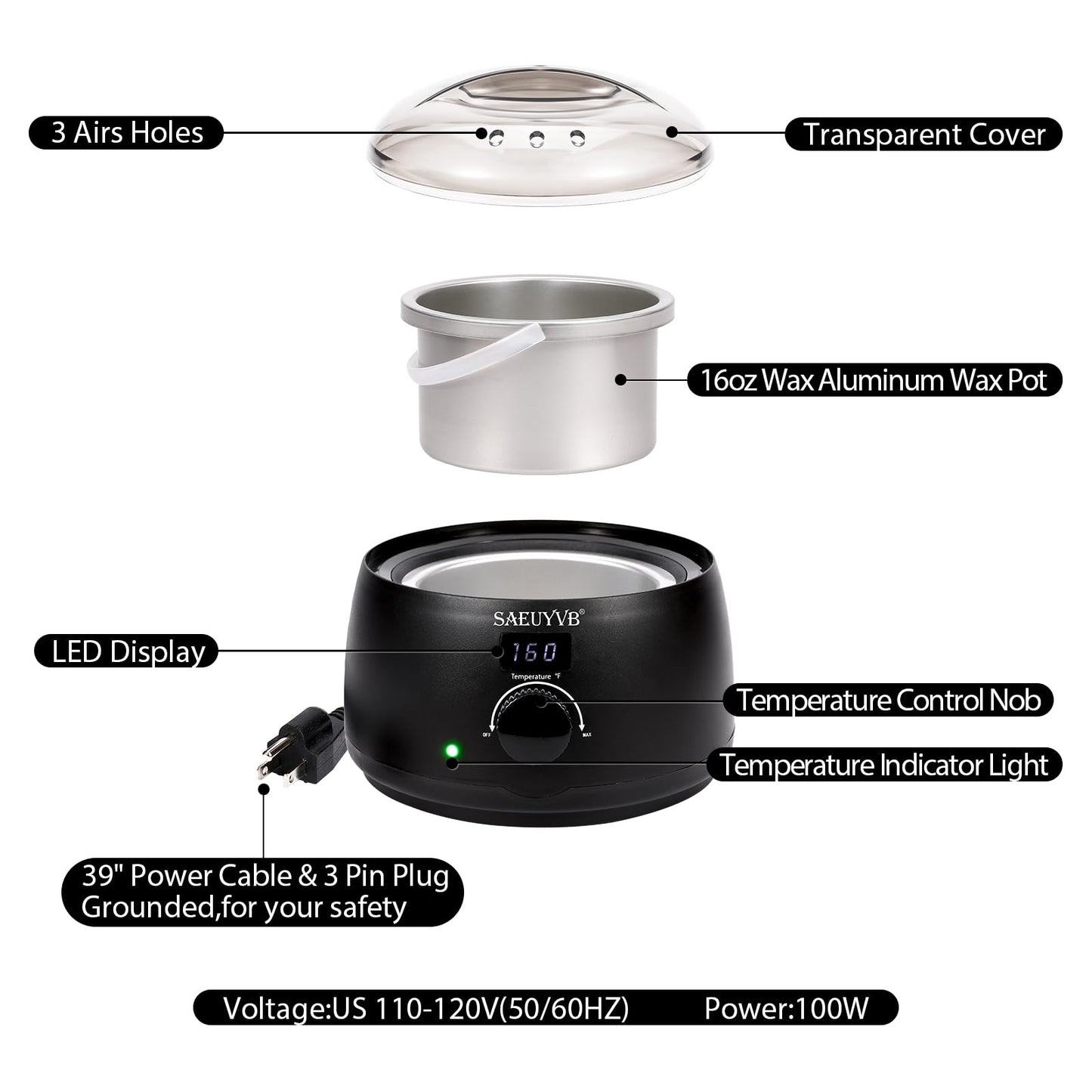 SAEUYVB Professional Digital Wax Warmer with Lid and 16oz Pot for Hair Removal (Black)