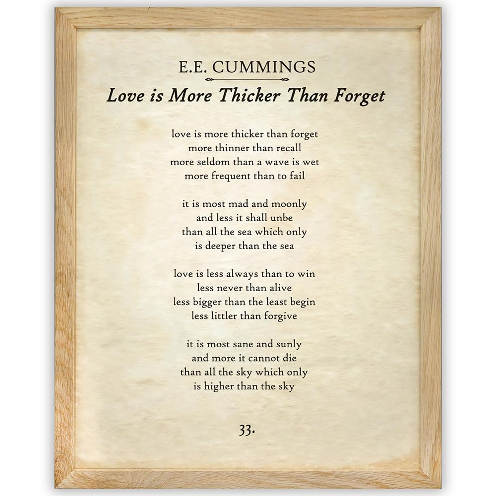 E.E. Cummings - Love is More Thicker Than Forget - Inspirational Wall Decor Poster for Home, Office, Bedroom, or Classroom, Poetry and Literature Gift Idea, 11x14 Framed Motivational Wall Art Poster