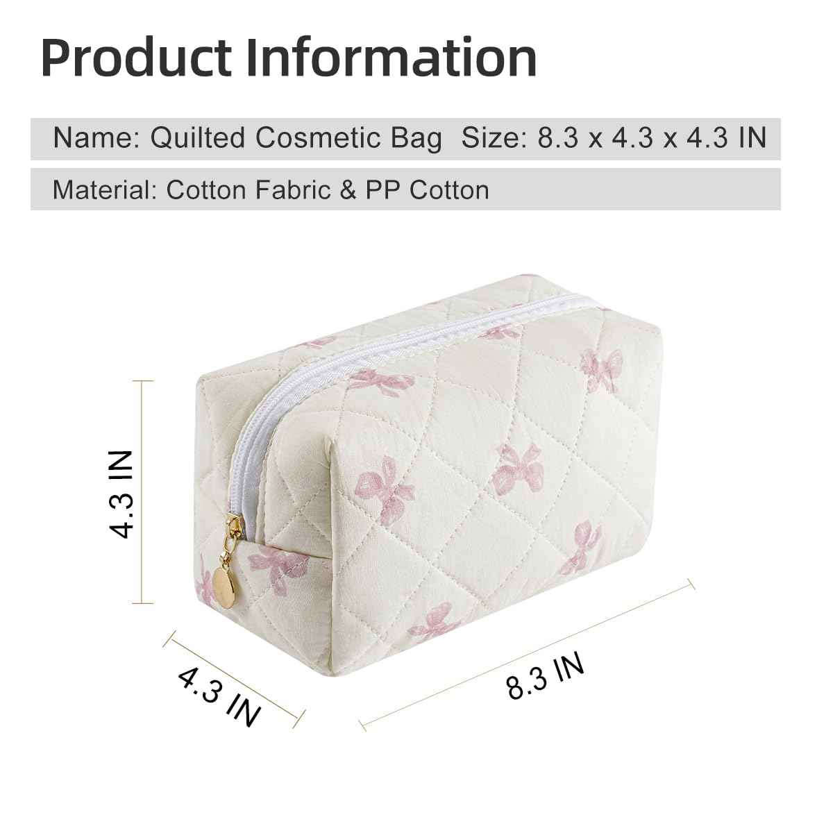 Gleyemor Small Quilted Makeup Bag for Women, Cute Floral Bow Cosmetic Bag, Emergency Bag Travel Toiletry Cotton Pouch Gifts for Girls Her Mom Friend Sister Bridesmaid (Small Pink Bowknot)