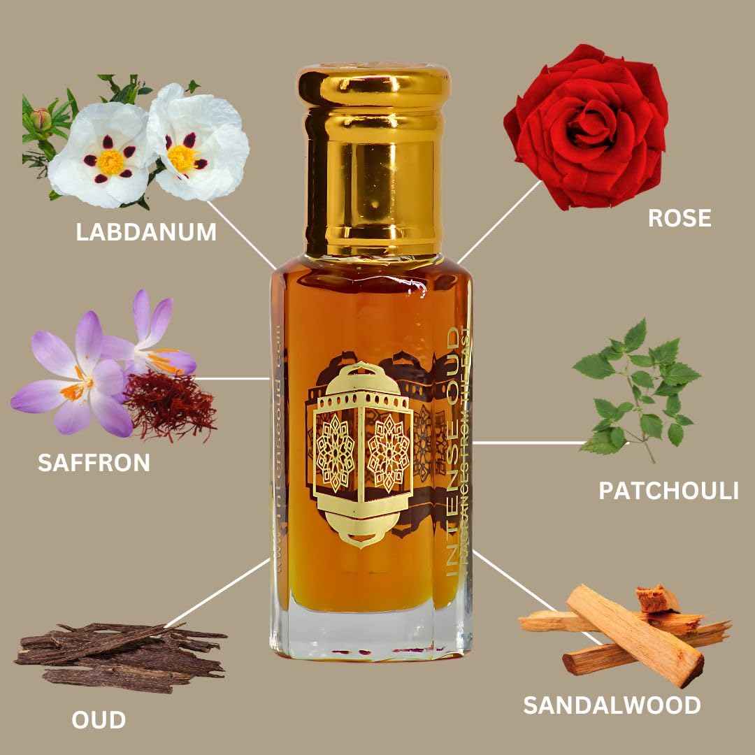 INTENSE OUD Dark Oud Ispahan Long Lasting Arabian Perfume Oils for Women 12ML (0.40 OZ) Fragrance Oil With Rose, Saffron & Oud Notes – Concentrated Perfume Oil & Elegant Gift for Women in Black Box