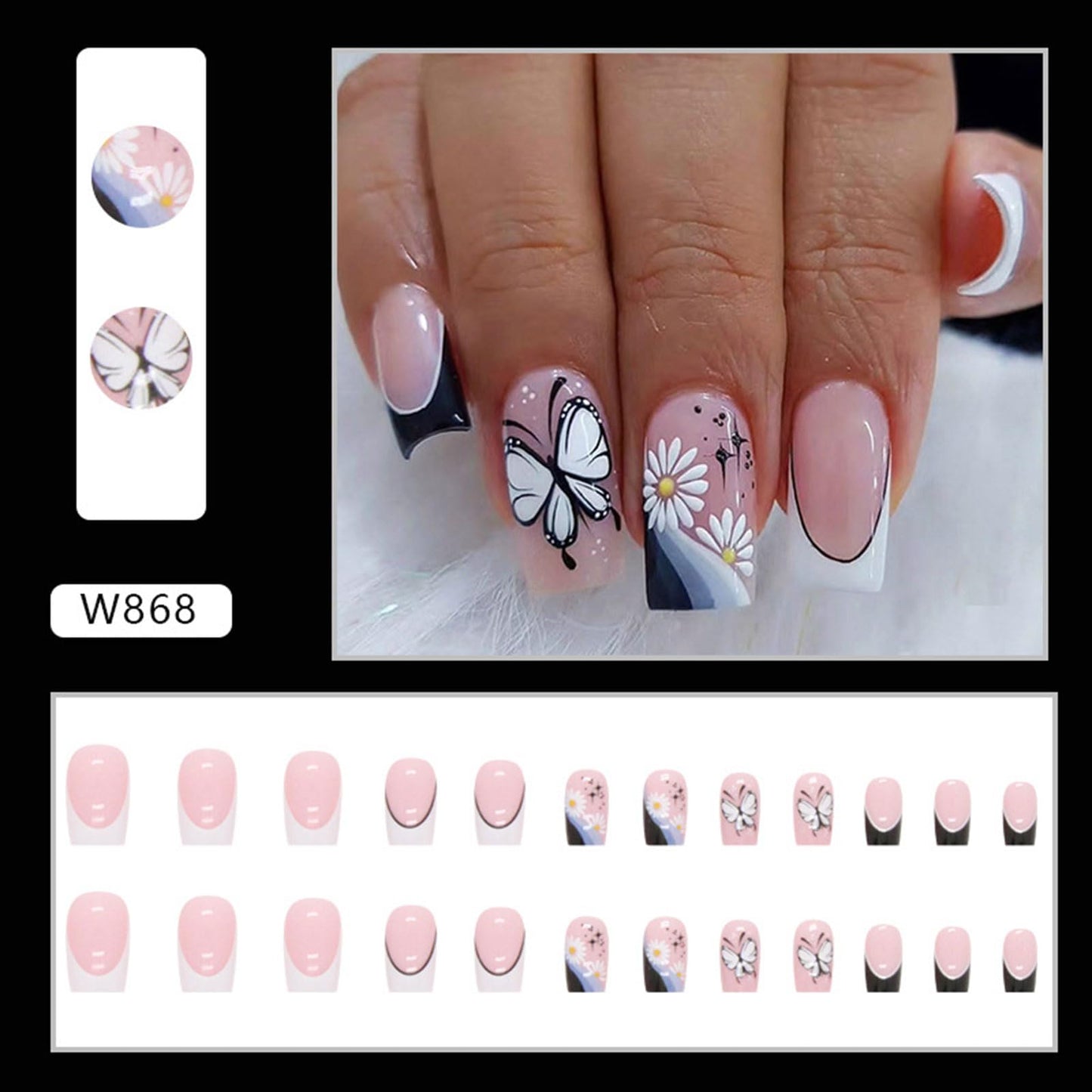 24Pcs Press on Nails Medium Square - WLGDLH Fake Nails Stick on Nails Black White French False Nails Press Ons with Flower Butterfly Full Cover Nail Tips Artificial Acrylic Nail Kit for Women Manicure