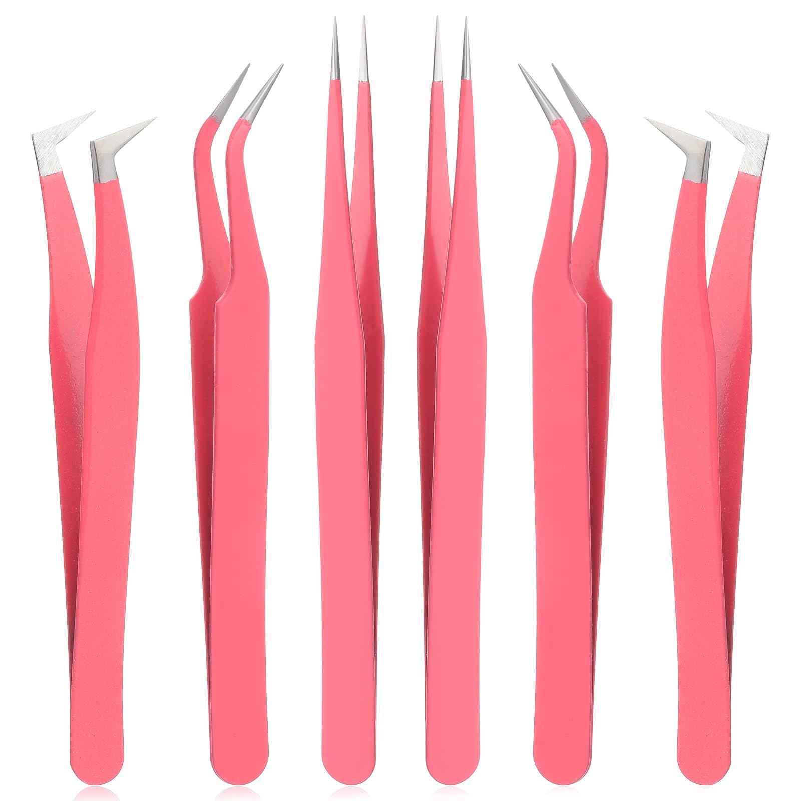 6 Pack Lash Extension Tweezers, Lash Tweezers For Eyelash Extensions, Straight and Curved Eyelash Tweezer, Fiber Tip Lash Tweezer for Professional Eyelash Extension Artists, Girls, Women