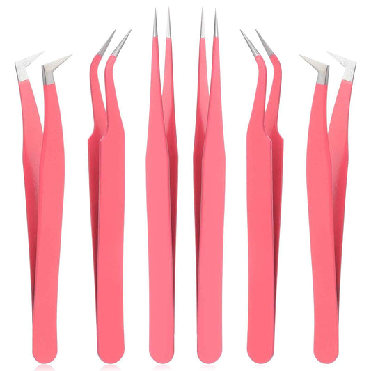 6 Pack Lash Extension Tweezers, Lash Tweezers For Eyelash Extensions, Straight and Curved Eyelash Tweezer, Fiber Tip Lash Tweezer for Professional Eyelash Extension Artists, Girls, Women