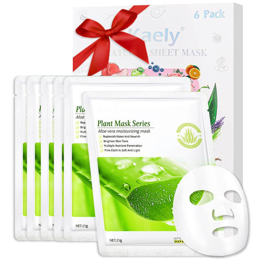 Kaely 6 Pack Aloe Vera Sheet Masks,Hydrating Smoothing Face Masks for Women Men,Facial Mask Skin Care Korean,Moisturize,Brighten,Nourish for All Skin Types,Birthday Christmas Gifts,Set09