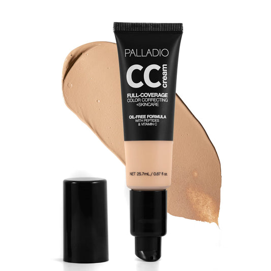 Palladio Full-Coverage Color Correction CC Cream, Oil-Free with Peptides & Vitamin C, Best for Correcting Redness and Uneven Skin Tone, Buildable Foundation Coverage (Light 20W)