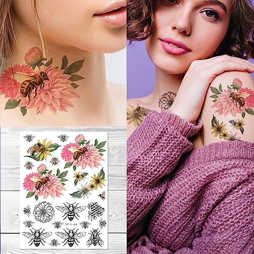 Supperb Watercolor Chrysanthemum & Bee Temporary Tattoos Sheet