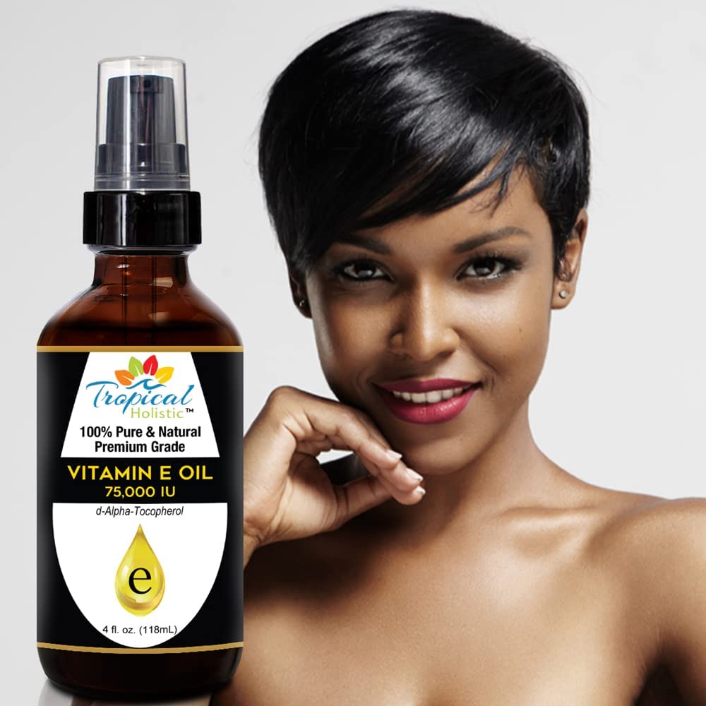 Tropical Holistic 100% Pure Vitamin E Oil (4oz / 118mL) - 75,000 IU Plant Based Natural D-Alpha Tocopherol for Hydrated Skin, Scars, Age Spot, Full Bathe Body Oil, Nails, Face & Hair