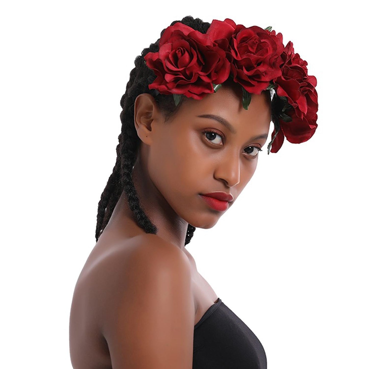 June Bloomy Rose Floral Crown Garland Flower Headband Headpiece for Wedding Festival (Dark Red)