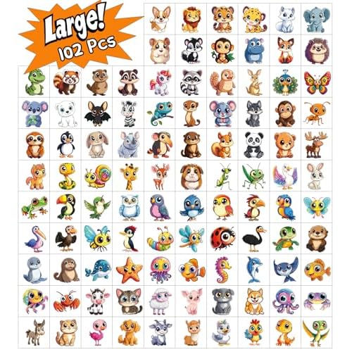 JCFIRE Larger Temporary Tattoos For Kids, 102 Styles Mixed Cute Animals Stickers Birthday Party Favors for Kids 3-5 4-8, Goodie Bag Stuffers Party Supplies Decoration Gifts Activities Games Christmas
