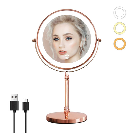 Nicesail 1X/10X Magnifying Mirror with 3 Color Dimmable Lighting, Makeup Mirrors Light up and Magnified with 360 Rotation for Table, Rose Gold(8 Inch, 10X Magnification)