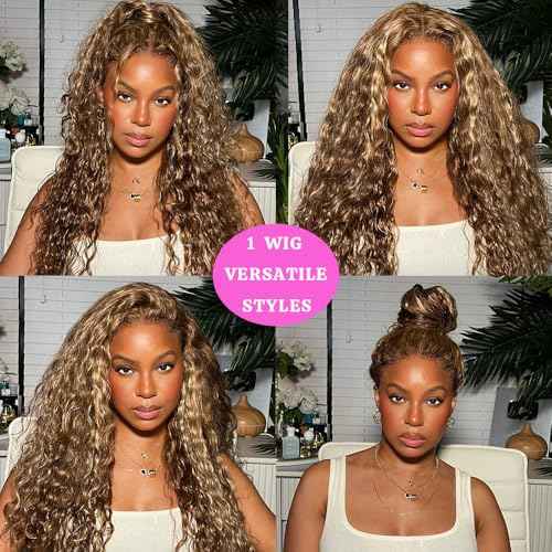 Honey Blonde 360 Lace Front Wigs Human Hair Invisi Strap Ombre Highlight Deep Wave Lace Front Wigs Human Hair Pre Plucked 180 Density 360 HD Full Lace Frontal Glueless Wigs for Women 28 Inch