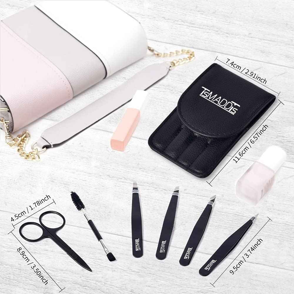 TsMADDTs Eyebrow Tweezer Set, 13 Pcs Tweezers Set for Women, Precision Tweezer for Eyebrows with Curved Scissors for Ingrown Hair, Hair Plucking Daily Beauty Tools with Leather Travel Case