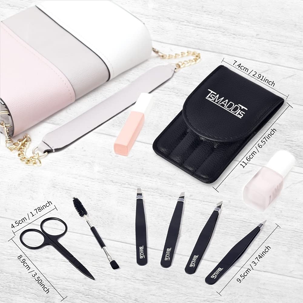 TsMADDTs Tweezers Set and Curved Scissors, Professional Stainless Steel Tweezers for Women and Men, 6 Pack Precision Tweezers For Eyebrows for Ingrown Hair, Daily Beauty Tool with Leather Travel Case