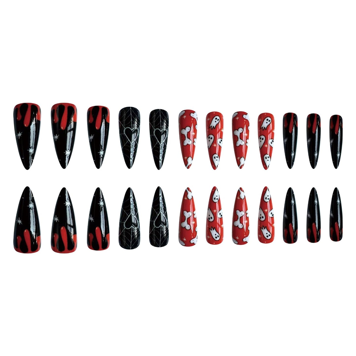 24 Pcs Halloween Press on Nails Long Stiletto Nail Tips with Cute Bone Spider Web Designs Ghost Fake Nails Orange Acrylic Nails Glossy Glue on Nails Halloween Nails for Women Girl