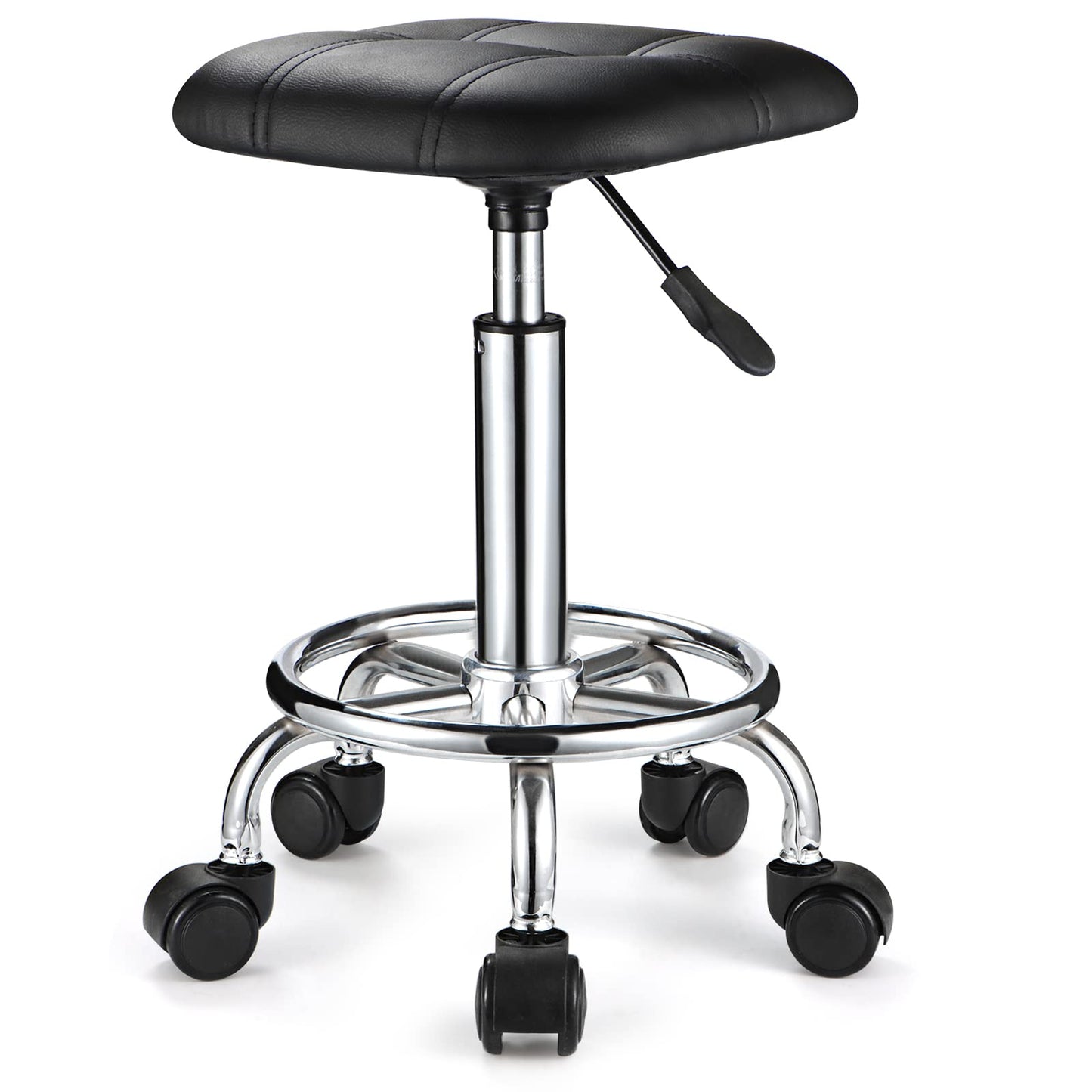 FNZIR Square PU Cushion Rolling Stool with Wheels Height Adjustable Swivel Stools Office Chair Black