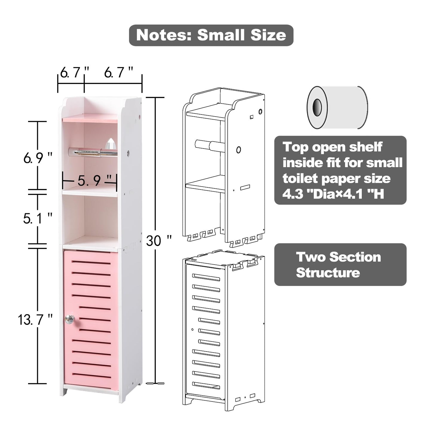 AOJEZOR Toilet Paper Holder Stand: Small Bathroom Storage Cabinet - Jelly Pink - White