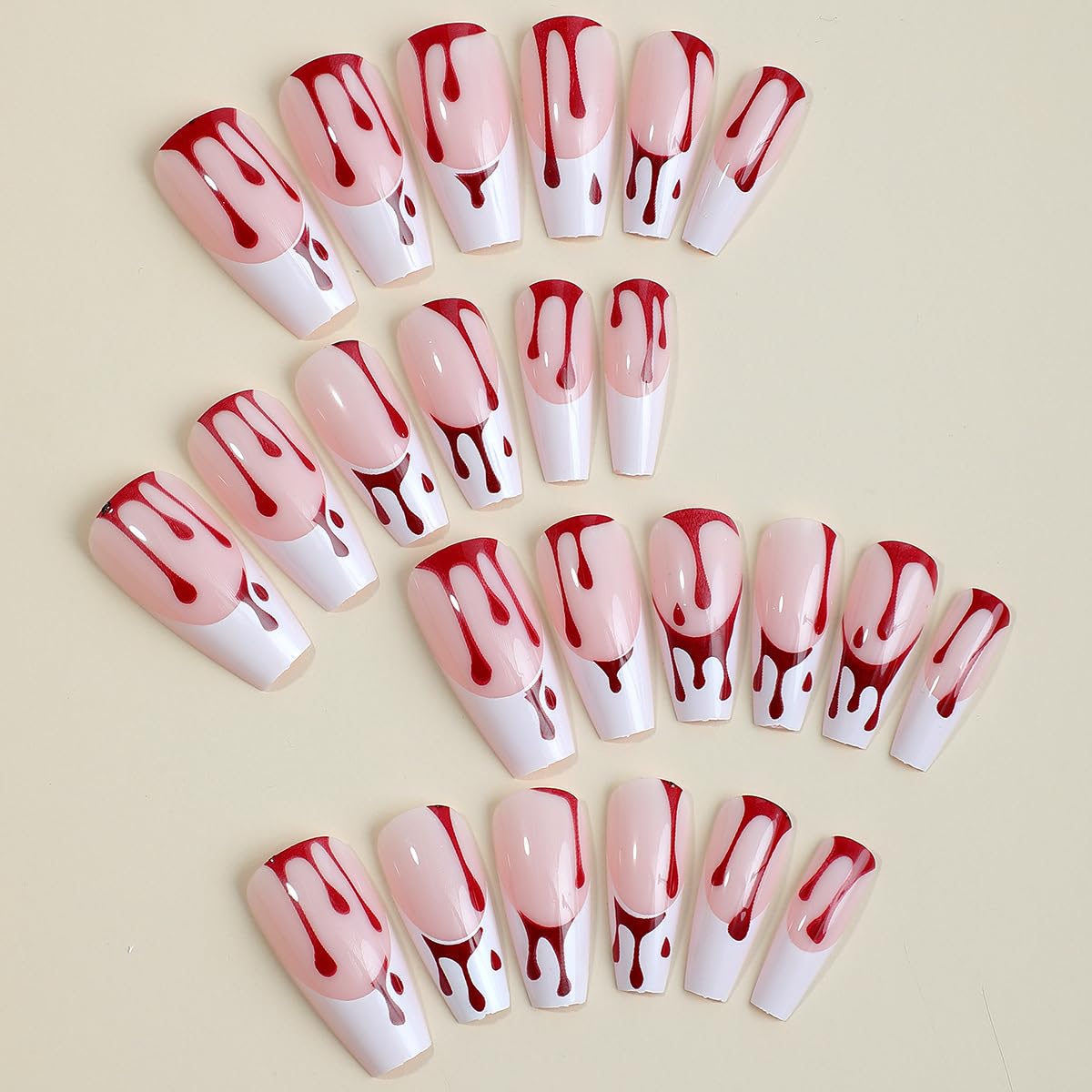 Halloween Press on Nails Long Square Fake Nails White French Tip False Nails Full Cover Coffin Nails Press Ons with Design Red Blood Drops Glue on Nails Acrylic Stick on Nails for Women 24Pcs