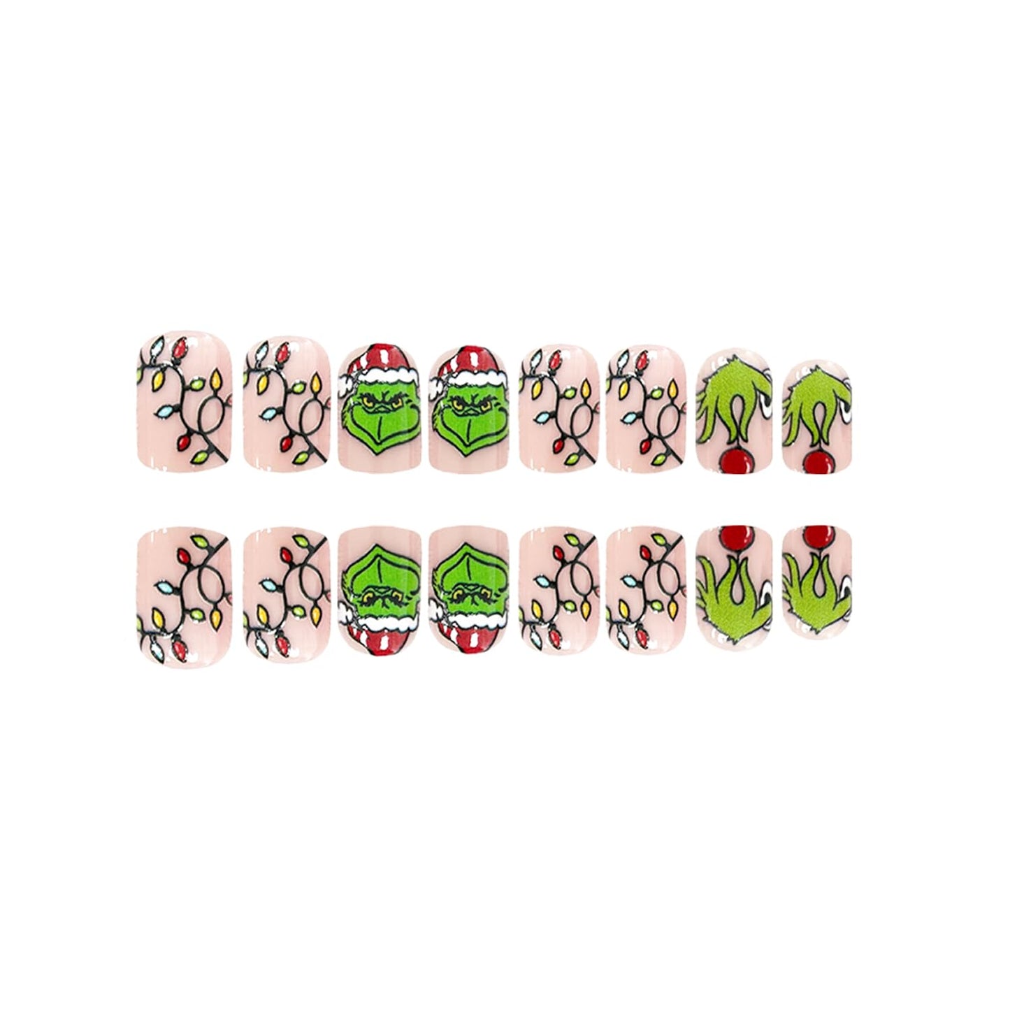 Christmas Fake Nails Short Square Petite Press on Nails Winter Xmas Acrylic Nails Full Cover False Nails with Green Monster Designs Cute Red Stick on Nails Gloss Artificial Nails for Women Manicure