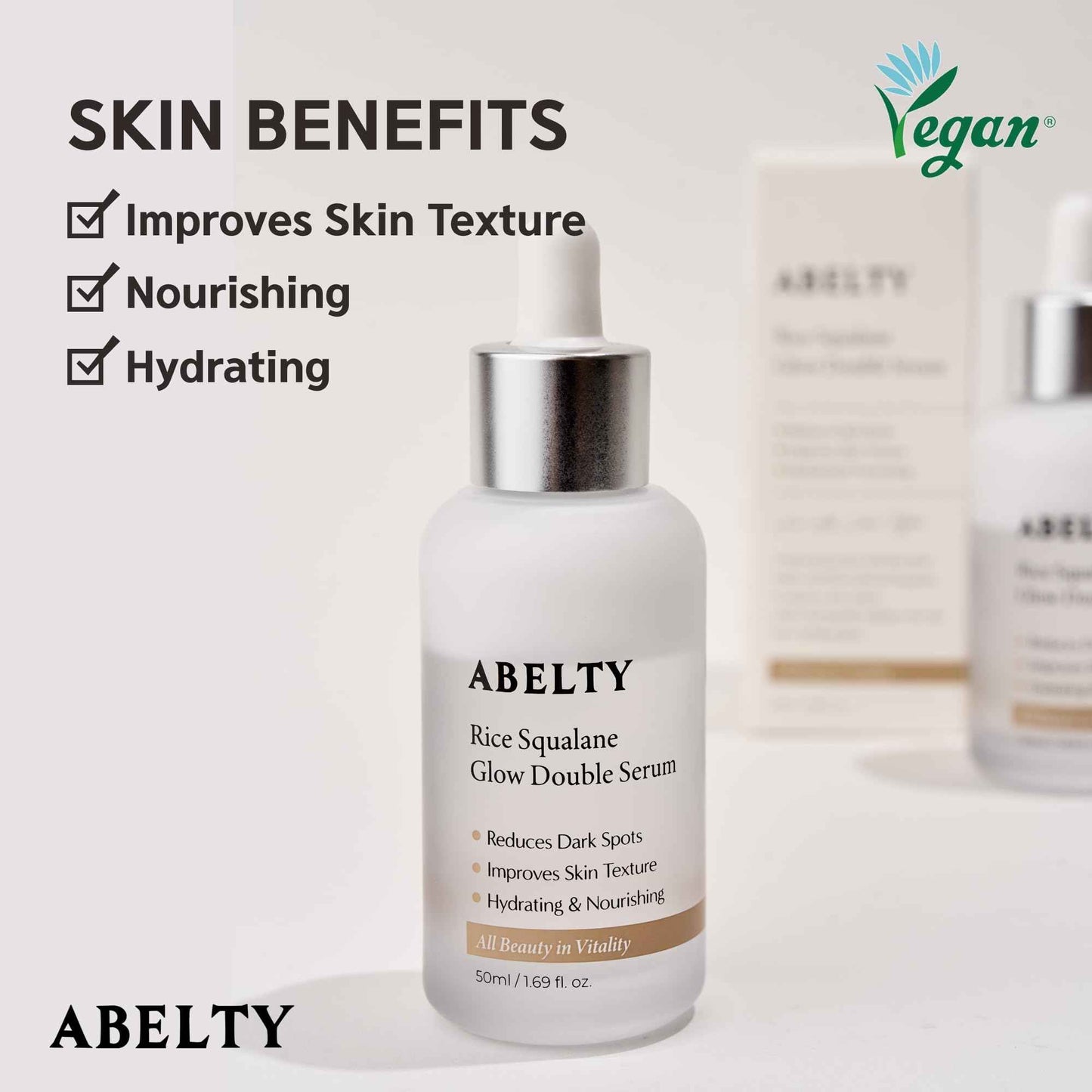 ABELTY Rice Squalane Glow Double Serum – Korean Hydrating Serum with Olive Squalane 5%, Rice Extract – Glass Skin, Anti-Pigmentation, Even Skin Tone, 50ml / 1.69 Fl.oz