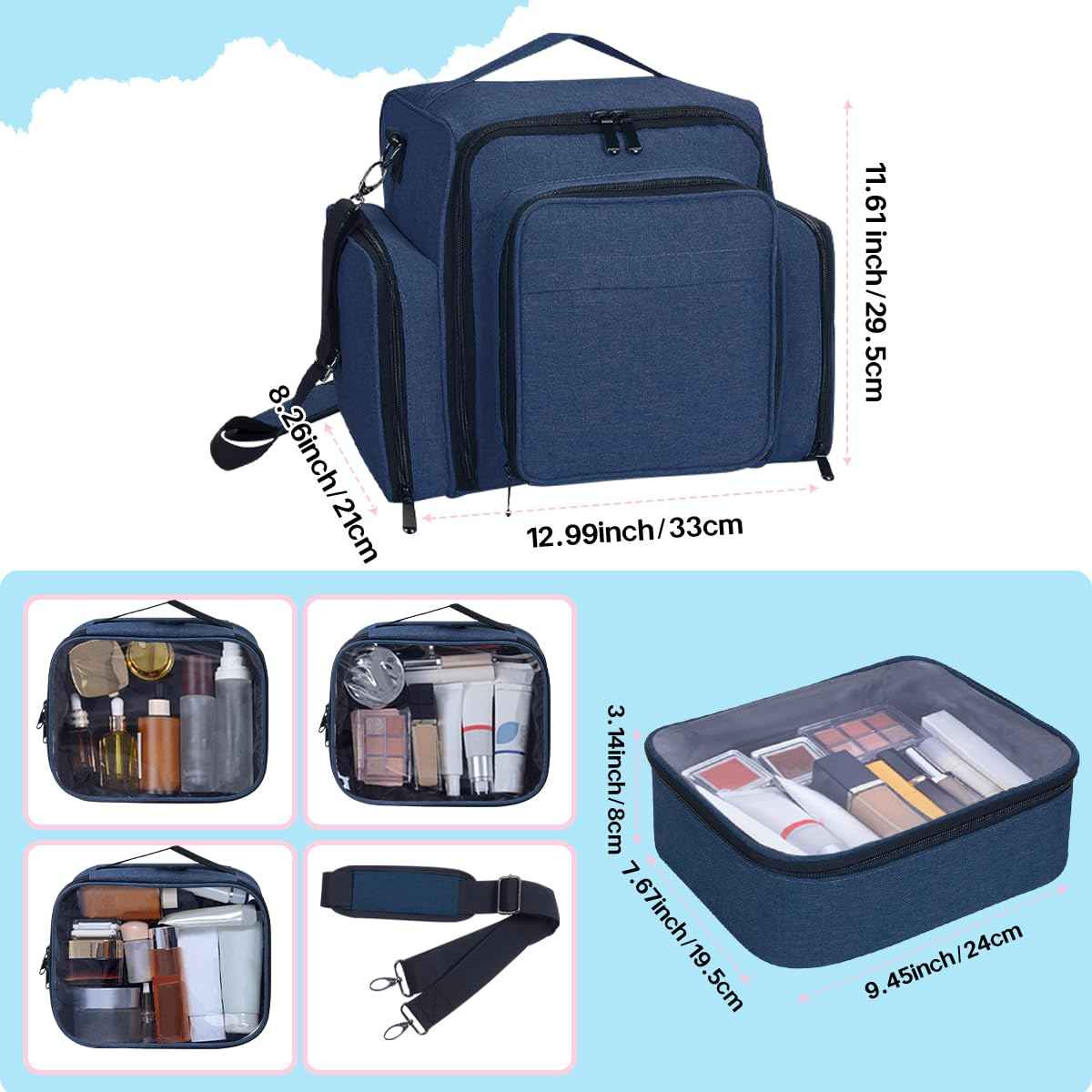 BAOMANYUHA Large Makeup Bag Cosmetic Case Organizer with 3 Inner Removable Pouches Multifunctional Travel Train Storage,Blue