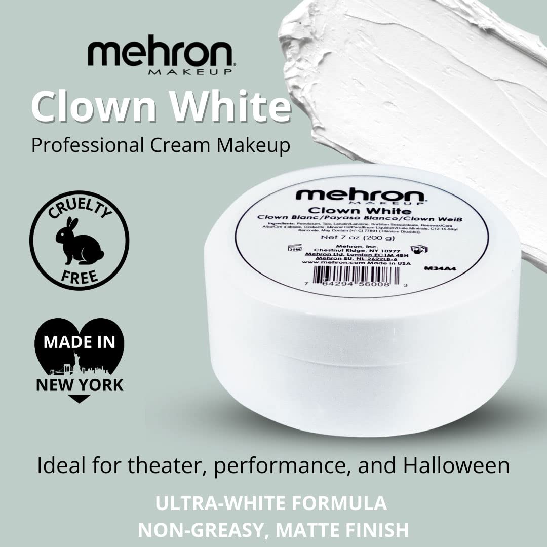 Mehron Makeup Clown White Professional Face Paint Cream Makeup | White Face Paint Makeup for Stage, Film, Cosplay, & Mime | Halloween Clown Makeup 7 oz (198g)