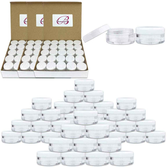 (Quantity: 200 Pieces) Beauticom 5G/5ML Round Clear Jars with White Lids for Lotion, Creams, Toners, Lip Balms, Makeup Samples