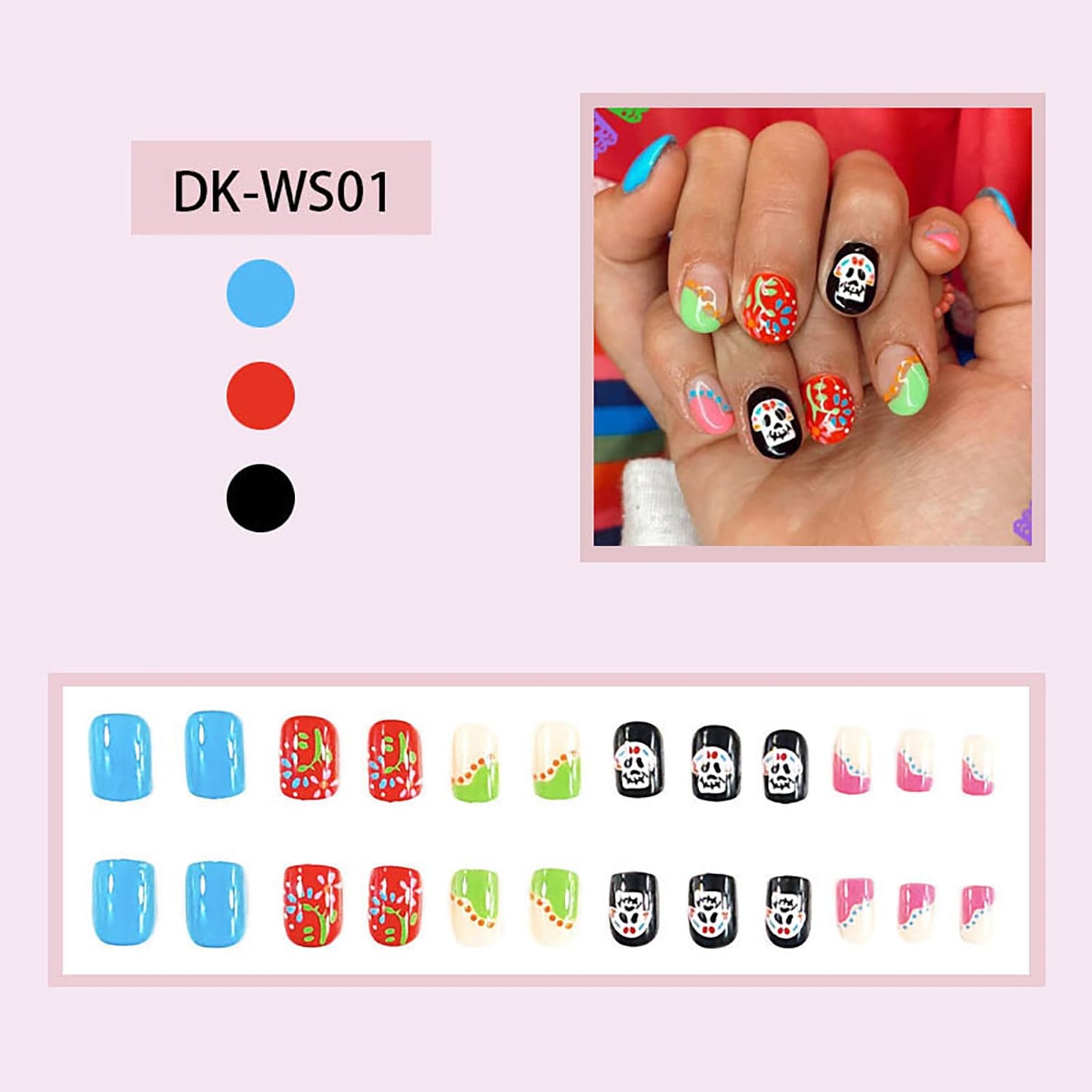 24 Pcs Halloween Press on Nails Short Square Acrylic Fake Nails Black False Nails with Cartoon Clothes Skull Designs Full Cover Glossy Stick on Nails Reusable Nails for Women