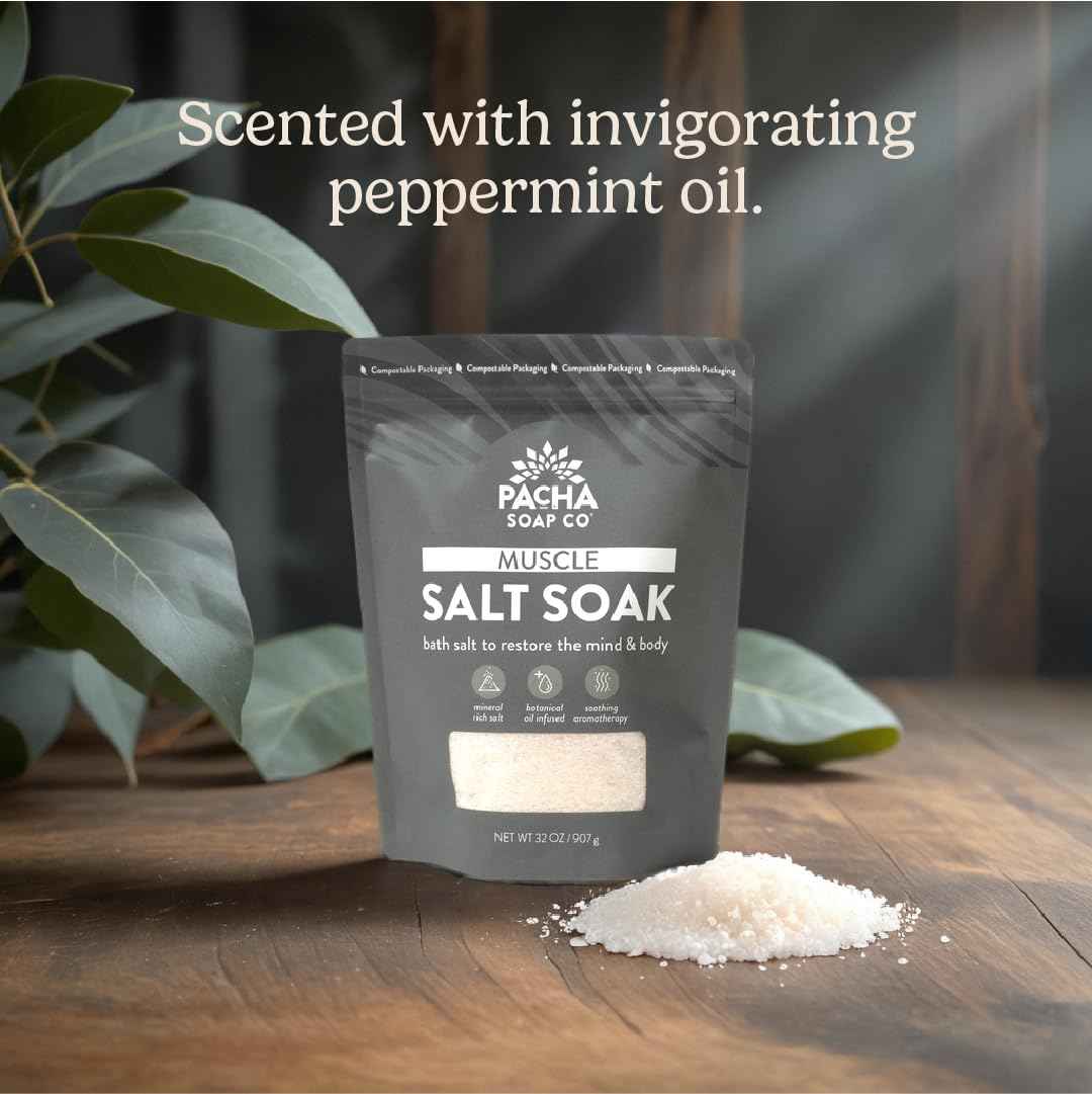 Pacha Soap Co. Muscle Salt Bath Soak - Epsom Salt with Arnica, Calendula, and Peppermint, Handcrafted Bath Salts Made in The USA for Muscle Relief, Recovery & Relaxation, 2-Pack (64 oz. Total)